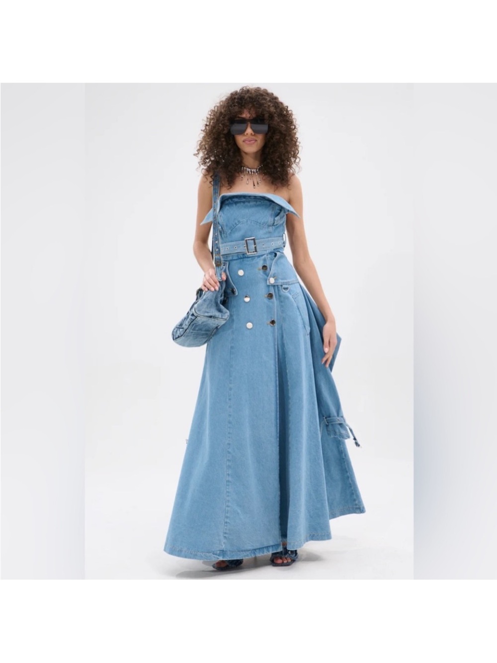 AKIRA Light Blue Denim Strapless Maxi Dress with Belt